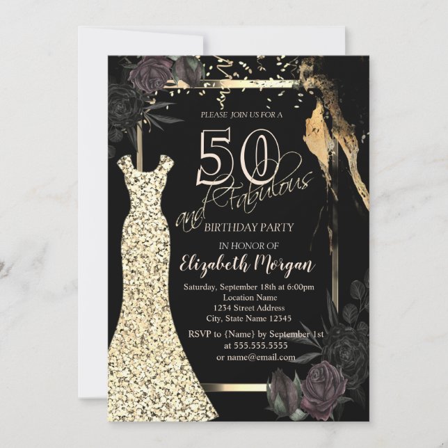 Gold Sequins Dress Dark Roses 50th Birthday Invitation (Front)