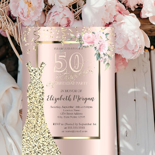 Gold Sequins Dress,Flower Rose Gold 50th Birthday Invitation