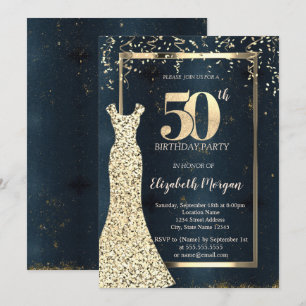 Gold Sequins Dress Frame,Dark Blue 50th Birthday  Invitation