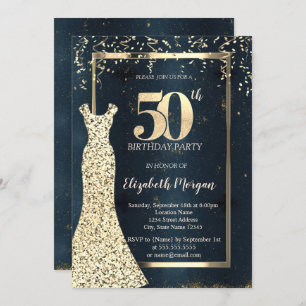 Gold Sequins Dress Frame,Dark Blue 50th Birthday  Invitation