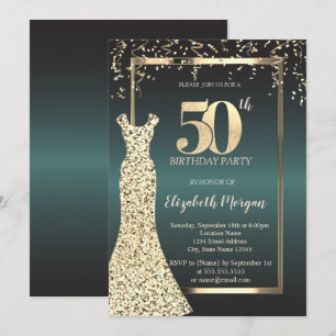 Gold Sequins Dress Frame,Dark Green 50th Birthday  Invitation