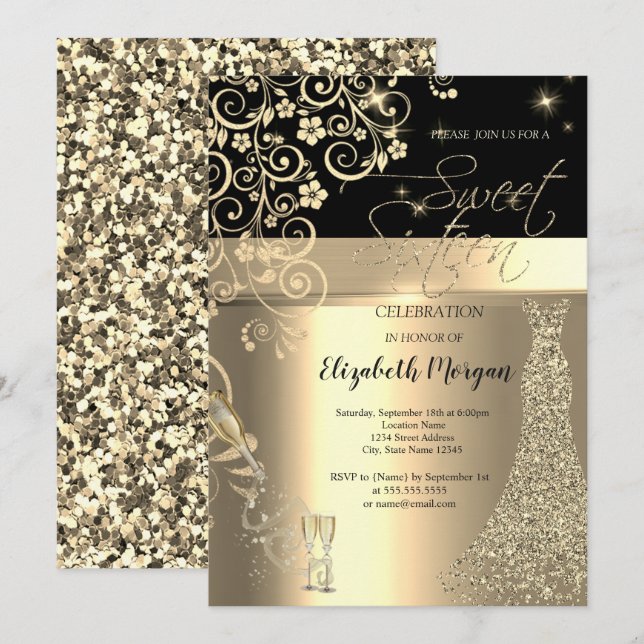Gold Sequins Dress Glass Floral Sweet 16 Birthday Invitation (Front/Back)