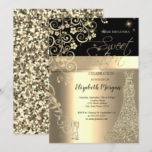 Gold Sequins Dress Glass Floral Sweet 16 Birthday Invitation
