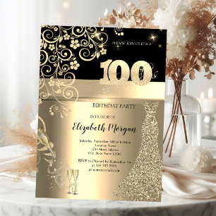 Gold Sequins Dress Glass Flowers 100th Birthday   Invitation