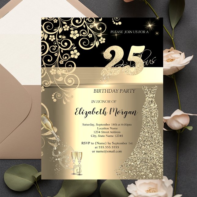 Gold Sequins Dress Glass Flowers 25th Birthday   Invitation (Creator Uploaded)
