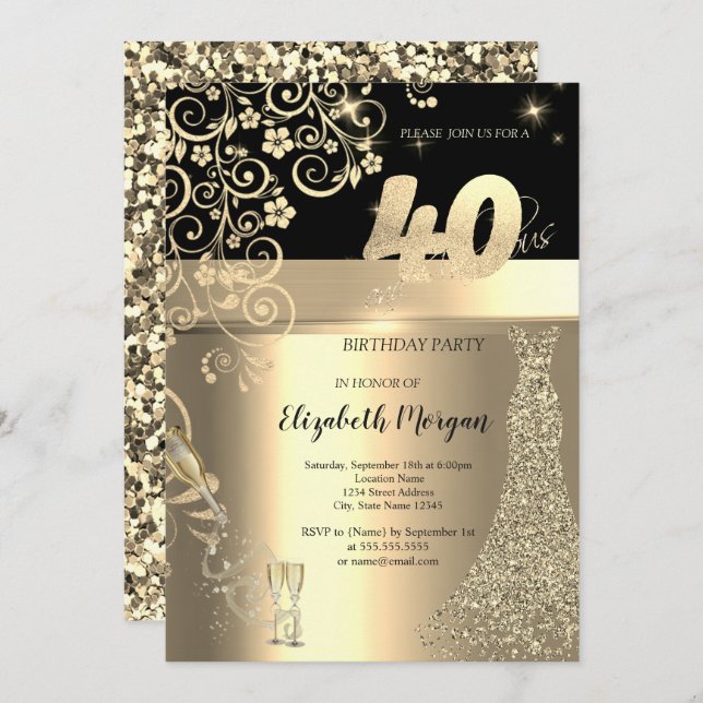 Gold Sequins Dress Glass Flowers 40th Birthday   Invitation (Front/Back)