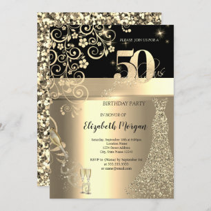 Gold Sequins Dress Glass Flowers 50th Birthday   Invitation