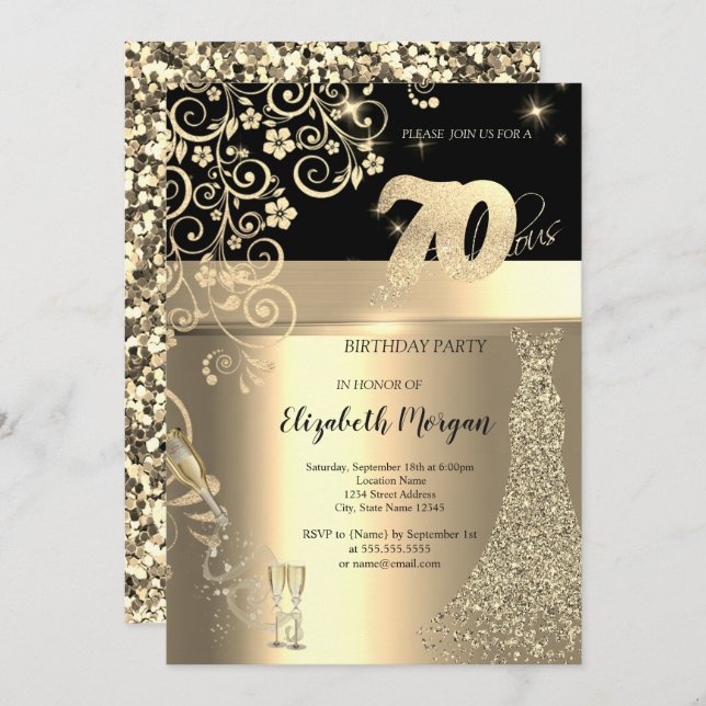 Gold Sequins Dress Glass Flowers 70th Birthday   Invitation (Front/Back)