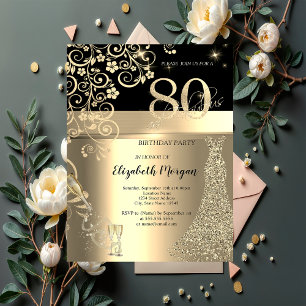 Gold Sequins Dress Glass Flowers 80th Birthday   Invitation