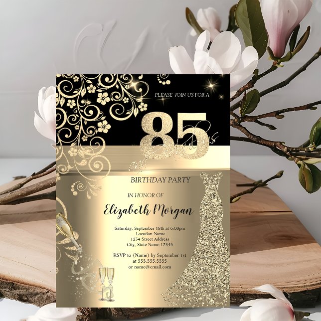Gold Sequins Dress Glass Flowers 85th Birthday   Invitation (Creator Uploaded)