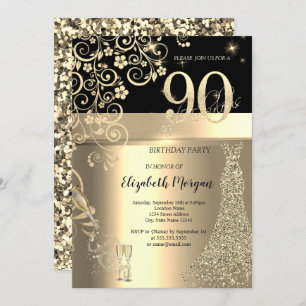 Gold Sequins Dress Glass Flowers 90th Birthday   Invitation