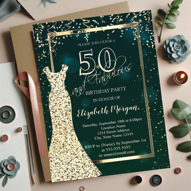 Gold Sequins Dress Green 50th Birthday Invitation (Creator Uploaded)
