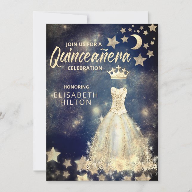 Gold Sequins dress moon stars Quinceañera blue Invitation (Front)