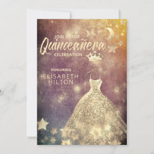 Gold Sequins dress moon stars Quinceañera  Invitation