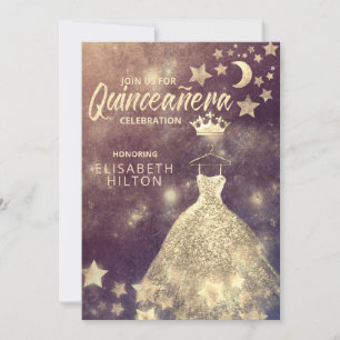 Gold Sequins dress moon stars Quinceañera Invitation