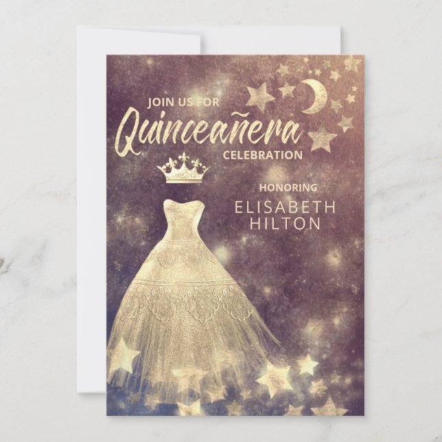 Gold Sequins dress moon stars Quinceañera  Invitation (Front)