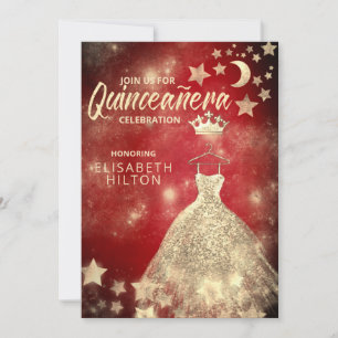 Gold Sequins dress moon stars Quinceañera red Invi Invitation
