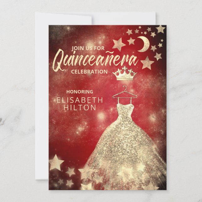 Gold Sequins dress moon stars Quinceañera red Invi Invitation (Front)
