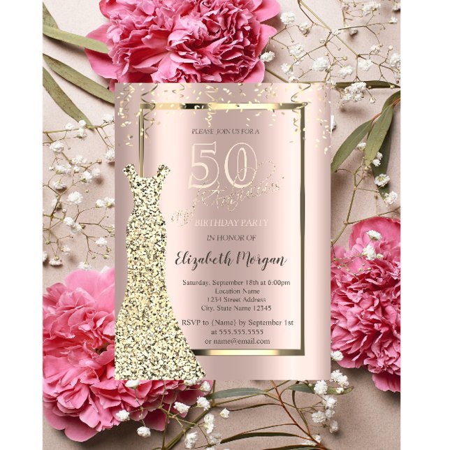 Gold Sequins Dress Rose Gold 50th Birthday Invitation (Creator Uploaded)