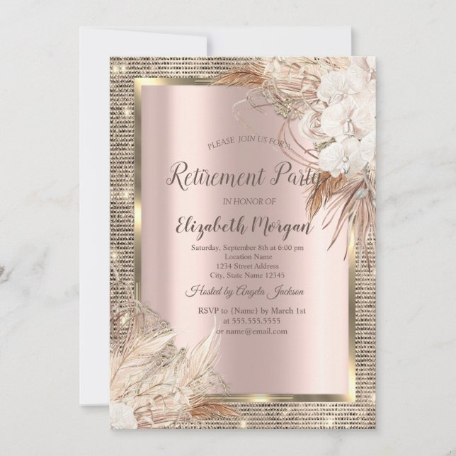 Gold Sequins Frame,Rose Gold Boho FloweRetirement  Invitation (Front)