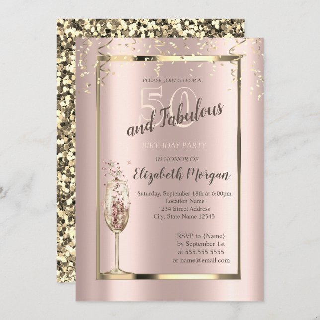 Gold Sequins Glitter Champagne Glass 50th Birthday Invitation (Front/Back)