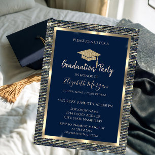 Gold Sequins Graduation Cap Navy Blue Graduation Invitation