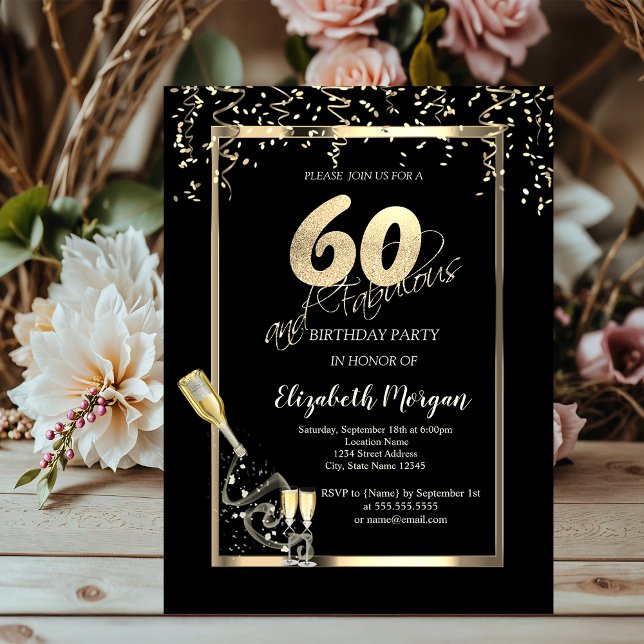 Gold Sequins,Wine Glass Bottle 60th Birthday   Invitation (Creator Uploaded)