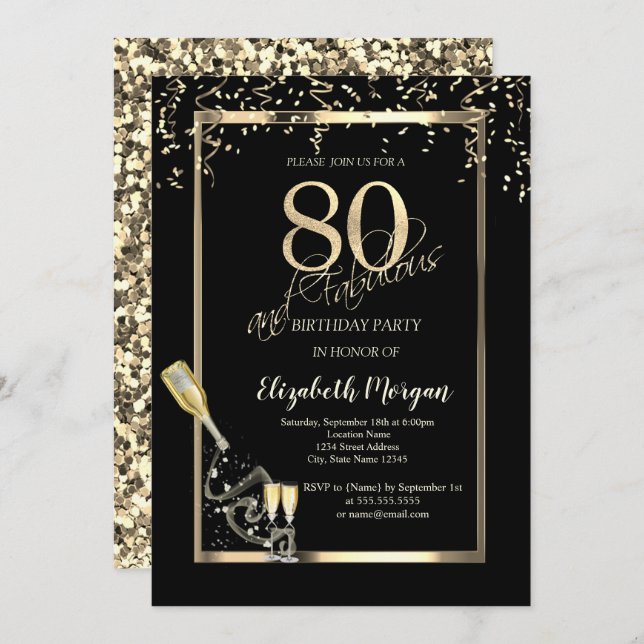 Gold Sequins,Wine Glass Bottle 80th Birthday   Invitation (Front/Back)