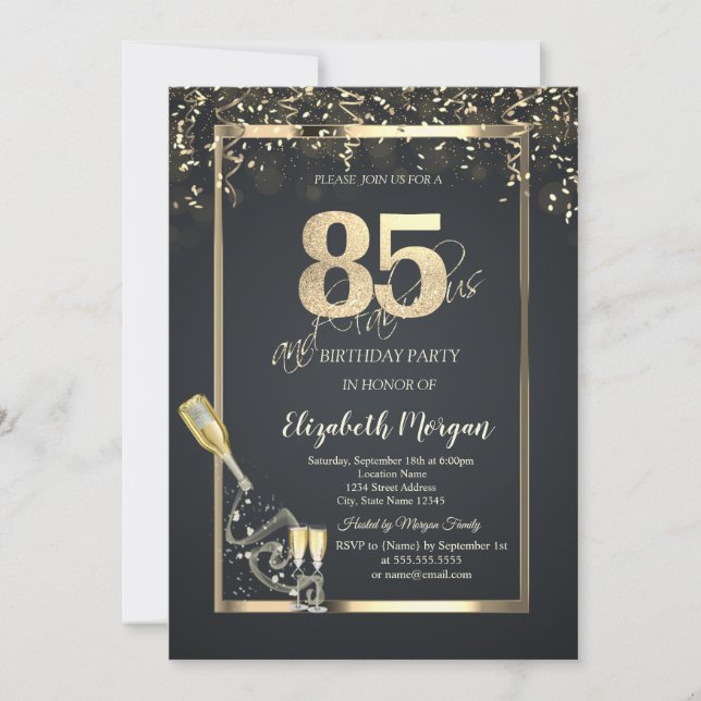 Gold Sequins,Wine Glass Bottle Gray 85th  Invitation (Front)