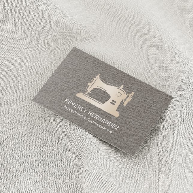 Gold Sewing Machine Seamstress Grey Linen Business Card (Creator Uploaded)