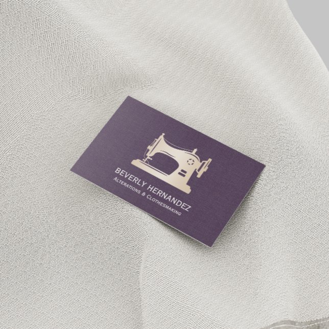 Gold Sewing Machine Seamstress Purple Linen Business Card (Creator Uploaded)