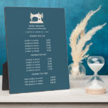 Gold Sewing Machine Seamstress Teal pricing  Plaque<br><div class="desc">Understated design displays your services, price list or business information beneath an illustration of a vintage sewing machin in faux gold over a teal background and your name or business name. Includes three customisable headings and body text fields. To adjust layout, enter your text and then use the Customise function...</div>