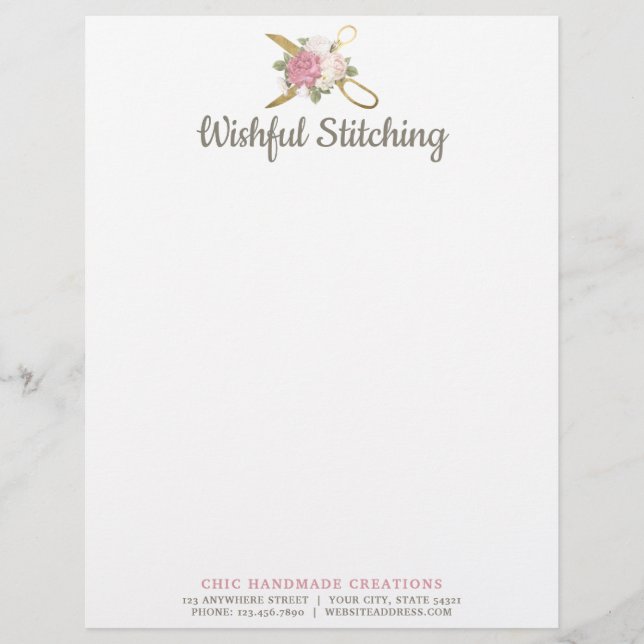 Gold Sewing Scissors & Shabby Chic Floral Roses Custom Letterhead (Front)