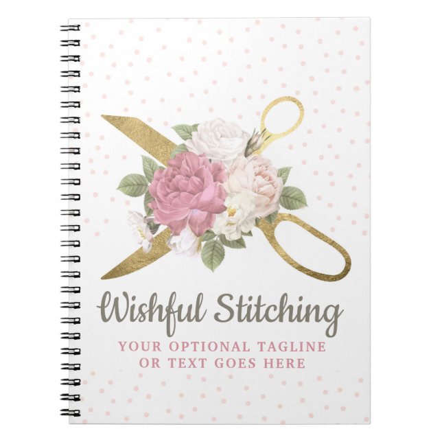 Gold Sewing Scissors & Shabby Chic Floral Roses Notebook (Front)