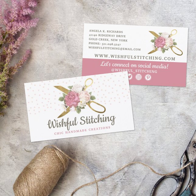 Gold Sewing Scissors Shabby Floral Social Media Business Card (Creator Uploaded)