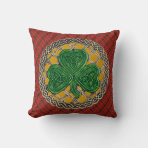 Gold Shamrock Celtic Knots On Red Plaid Cushion