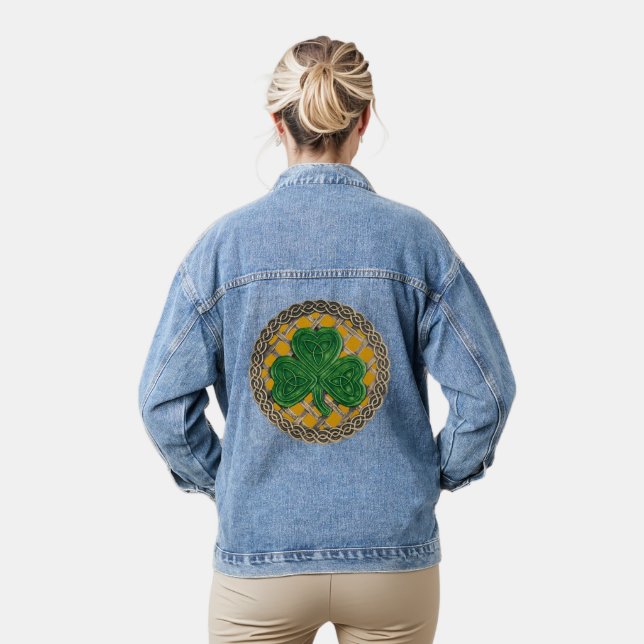 Gold Shamrock On Celtic Knots Denim Jacket (Model)
