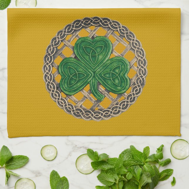 Gold Shamrock On Celtic Knots Kitchen Towel (Folded)