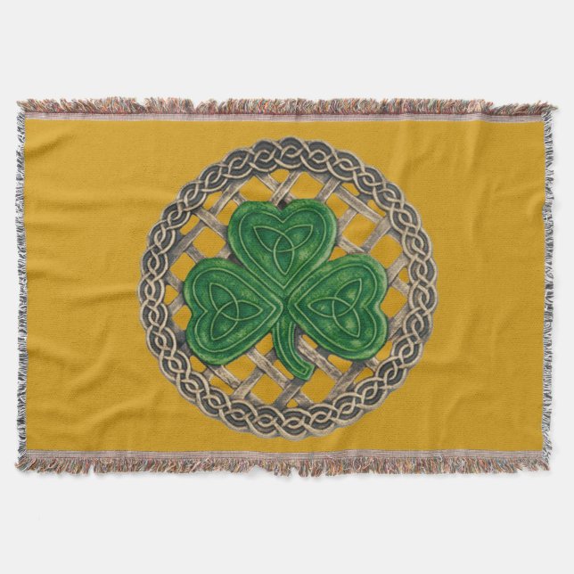 Gold Shamrock On Celtic Knots Throw Blanket (Front)