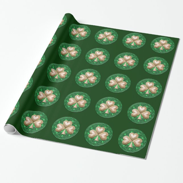 Gold Shamrock On Green Wrapping Paper (Unrolled)
