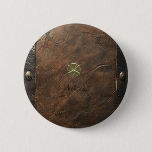 Gold Shamrock St.Patrick`s Day,Brown Leather 6 Cm Round Badge