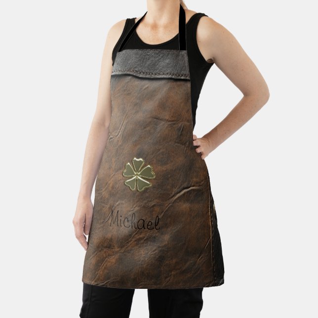 Gold Shamrock St.Patrick`s Day,Brown Leather Apron (Insitu)