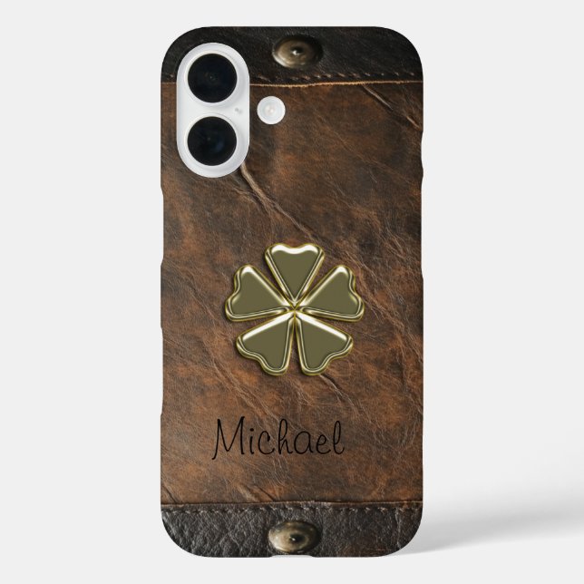 Gold Shamrock St.Patrick`s Day,Brown Leather Case-Mate iPhone Case (Back)