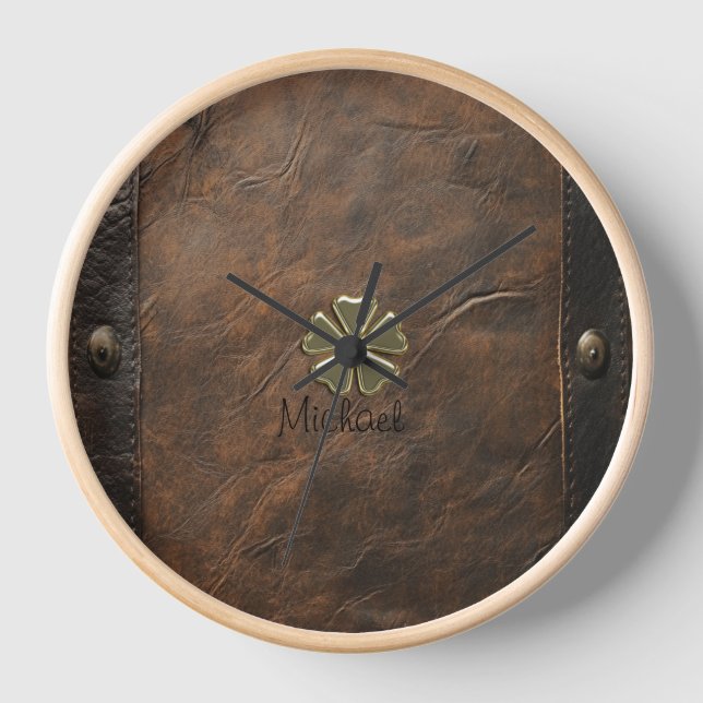 Gold Shamrock St.Patrick`s Day,Brown Leather Clock (Front)