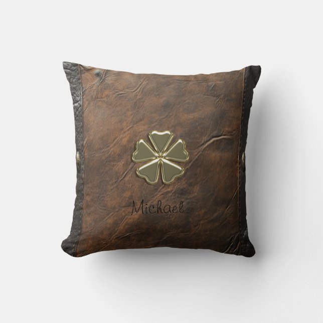 Gold Shamrock St.Patrick`s Day,Brown Leather Cushion (Front)