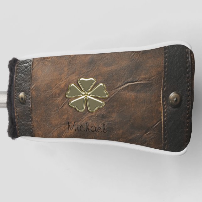 Gold Shamrock St.Patrick`s Day,Brown Leather Golf Head Cover (Front)