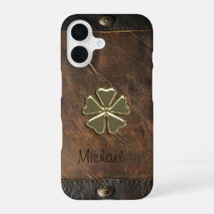 Gold Shamrock St.Patrick`s Day,Brown Leather iPhone 16 Case