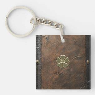 Gold Shamrock St.Patrick`s Day,Brown Leather Key Ring