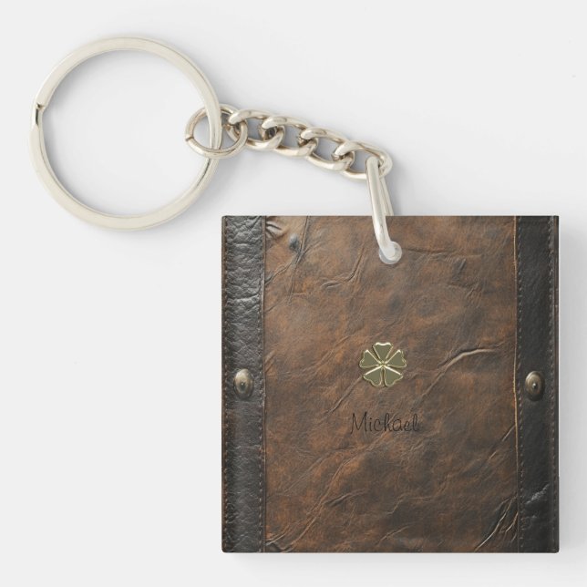 Gold Shamrock St.Patrick`s Day,Brown Leather Key Ring (Front)