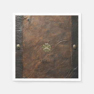 Gold Shamrock St.Patrick`s Day,Brown Leather Napkin